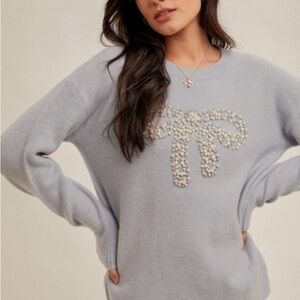 Hem & Thread Light Blue Sweater with Pearl Embellishment Diamond Bow Pearls Smal